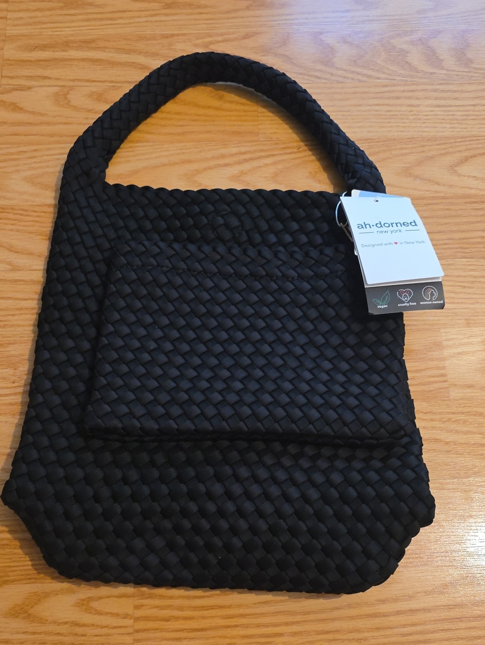 ah-dorned Black Woven Shoulder Bag with Braided Handle